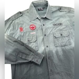 Vusi Mchunu Men’s XL Ombré Army Green Military Style Button Down Shirt Patches